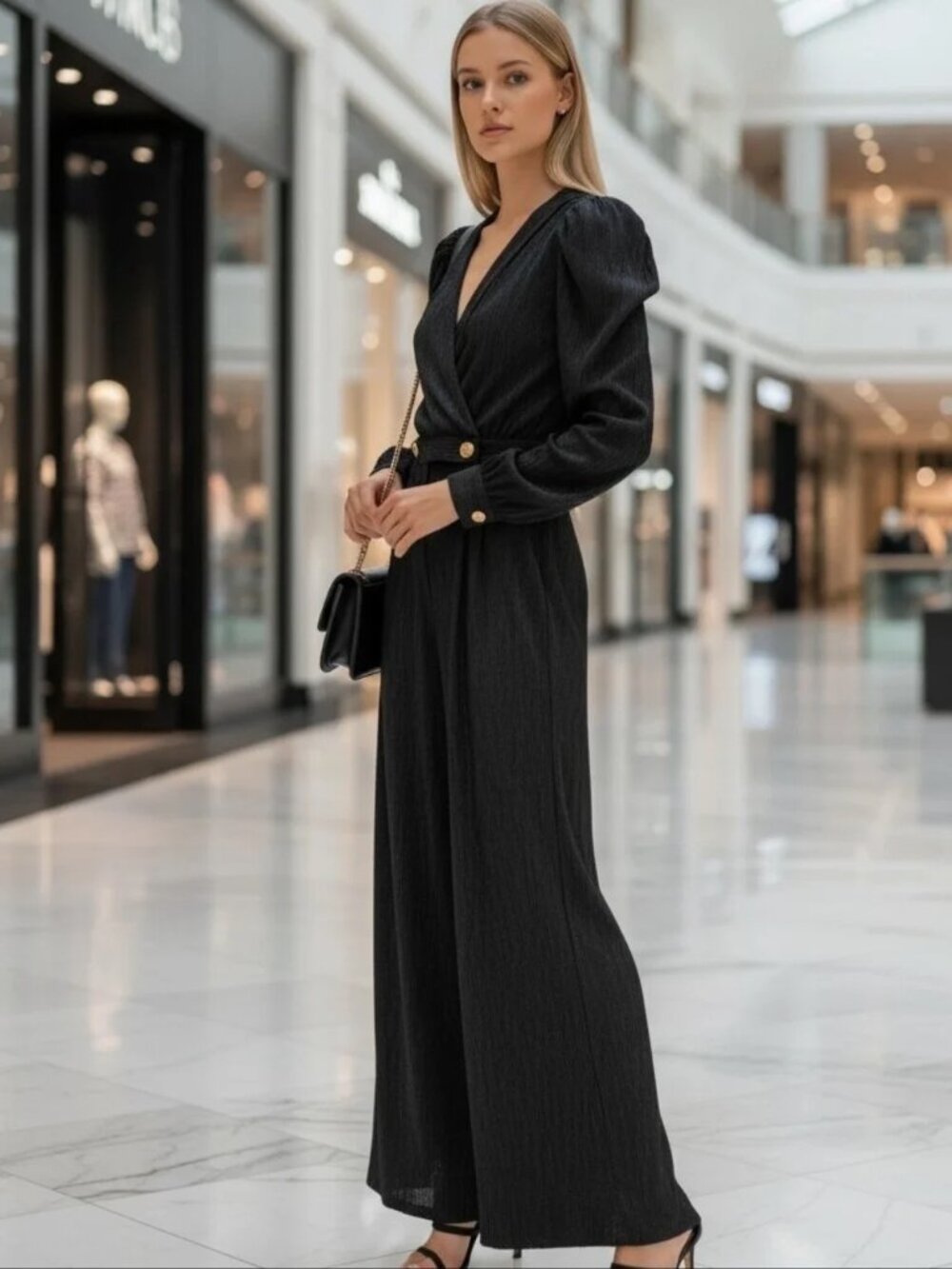 FRNCH Paris Rachelle Black Textured Wide Leg Jumpsuit